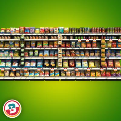 3D Model of Grocery shelves stocked with low poly snack products - 3D Render 2
